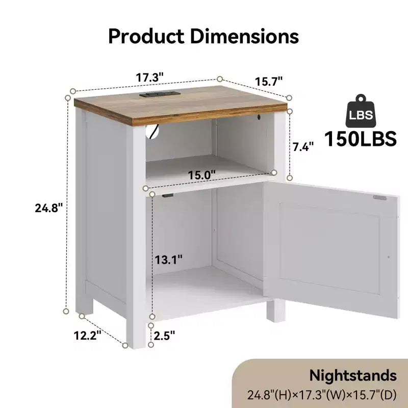 Rustic-Style Storage Nightstand with Built-in USB Port and Power Outlet; Features open shelving and closed cabinets, Bedside table with storage