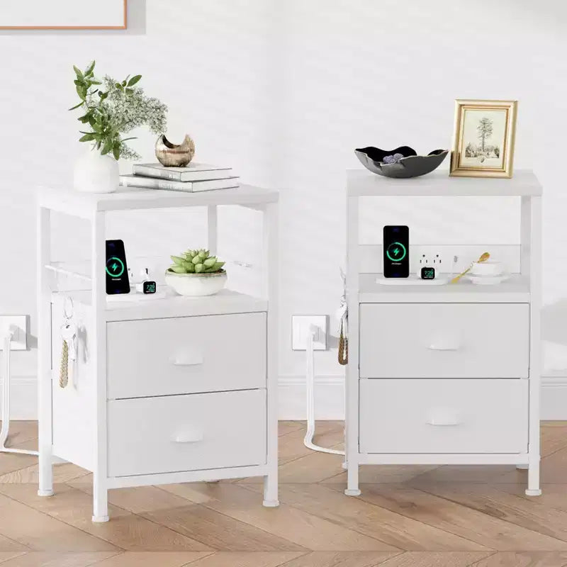 Set of 2 Nightstands with Charging Station and USB Ports Modern Bedside Side Tables with 2 Fabric Drawers and Storage Shelves End Tables Bedroom White