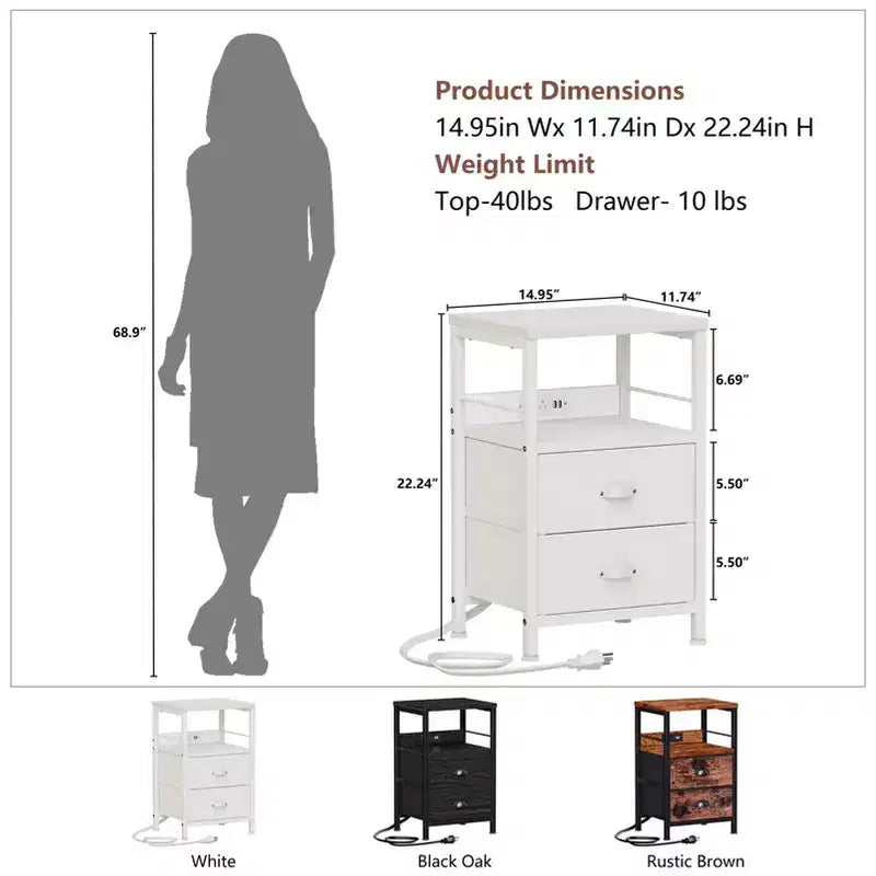 Set di 2 comodini con stazione di ricarica e porte USB, tavolini moderni da letto con 2 cassetti in tessuto e ripiani portaoggetti, tavolini da soggiorno, bianchi, per camera da letto