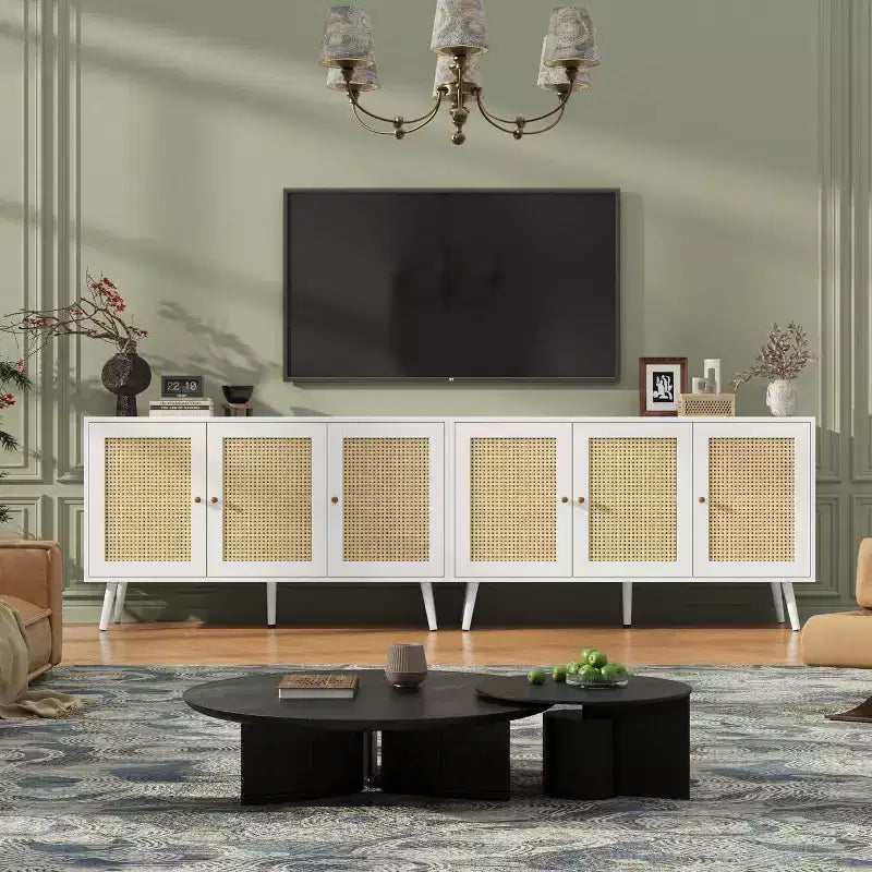 47.2 Rattan Sideboard Buffet Cabinet with 3 Doors,Boho Sideboard Buffet Cabinet with Adjustable Shelves, Console Table for Living Room, Dining Room