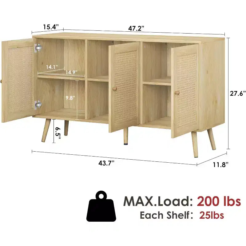 47.2 Rattan Sideboard Buffet Cabinet with 3 Doors,Boho Sideboard Buffet Cabinet with Adjustable Shelves, Console Table for Living Room, Dining Room