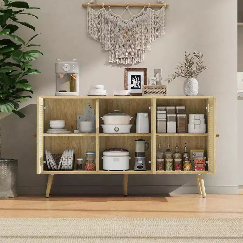 47.2 Rattan Sideboard Buffet Cabinet with 3 Doors,Boho Sideboard Buffet Cabinet with Adjustable Shelves, Console Table for Living Room, Dining Room