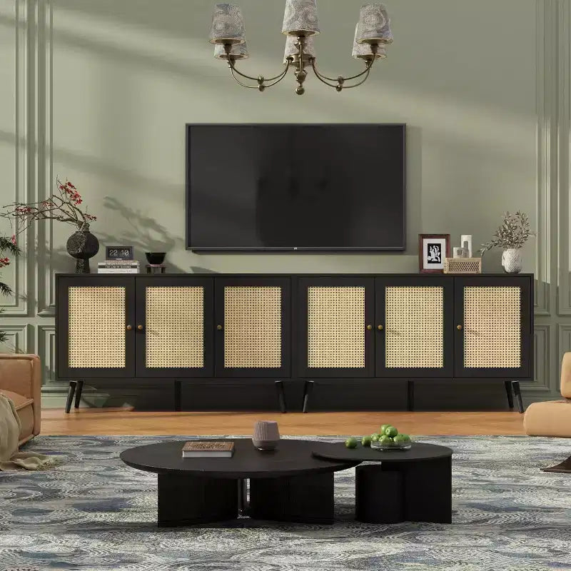47.2 Rattan Sideboard Buffet Cabinet with 3 Doors,Boho Sideboard Buffet Cabinet with Adjustable Shelves, Console Table for Living Room, Dining Room