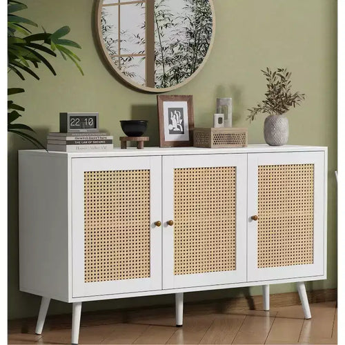 47.2 Rattan Sideboard Buffet Cabinet with 3 Doors,Boho Sideboard Buffet Cabinet with Adjustable Shelves, Console Table for Living Room, Dining Room