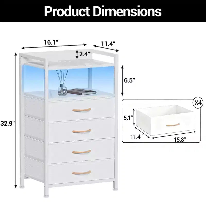 Comodino alto moderno con luci LED - 4 cassetti in tessuto, ripiano superiore, struttura in acciaio, mobiletto stretto per camera da letto, dormitorio, corridoio, tavolino laterale per divano
