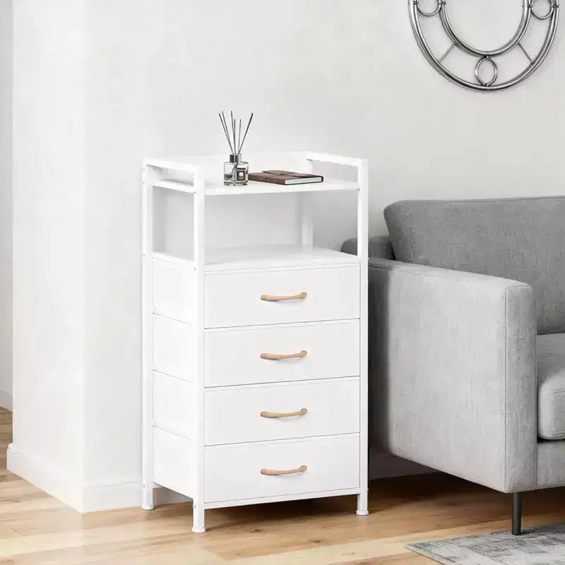 Comodino alto moderno con luci LED - 4 cassetti in tessuto, ripiano superiore, struttura in acciaio, mobiletto stretto per camera da letto, dormitorio, corridoio, tavolino laterale per divano