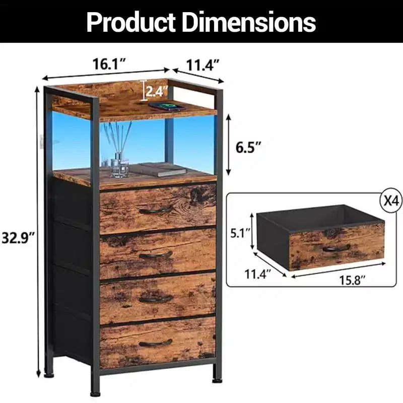 Comodino alto moderno con luci LED - 4 cassetti in tessuto, ripiano superiore, struttura in acciaio, mobiletto stretto per camera da letto, dormitorio, corridoio, tavolino laterale per divano