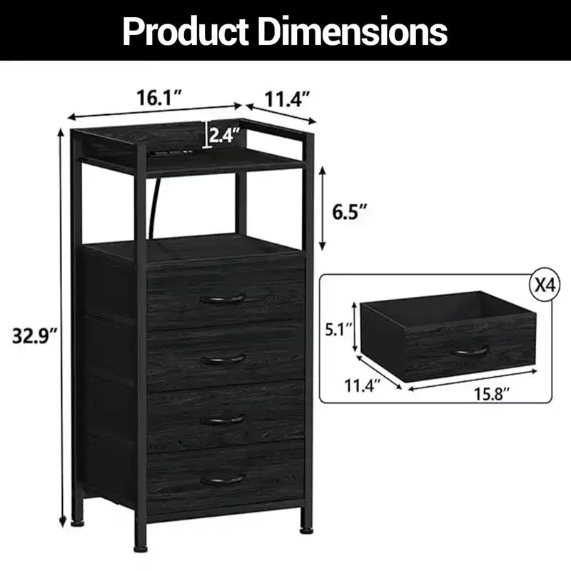 Comodino alto moderno con luci LED - 4 cassetti in tessuto, ripiano superiore, struttura in acciaio, mobiletto stretto per camera da letto, dormitorio, corridoio, tavolino laterale per divano
