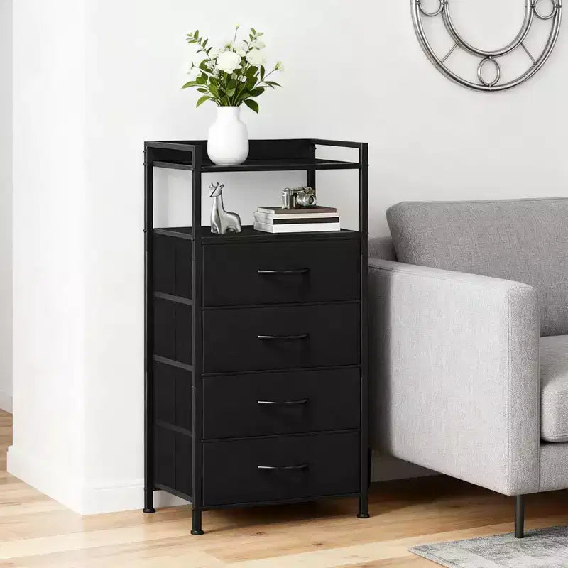 Comodino alto moderno con luci LED - 4 cassetti in tessuto, ripiano superiore, struttura in acciaio, mobiletto stretto per camera da letto, dormitorio, corridoio, tavolino laterale per divano