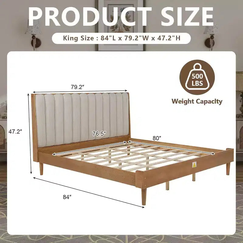 Struttura letto matrimoniale king size in legno con testiera imbottita stile tasti di pianoforte, struttura rinforzata, non serve la rete a molle, color grano