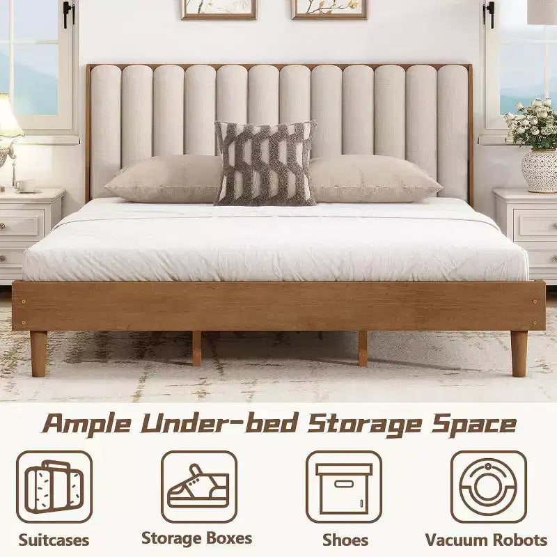 King Size Wooden Platform Bed Frame with Piano Key Style Upholstered Headboard, Strengthened Frame, No Box Spring Needed, Wheat