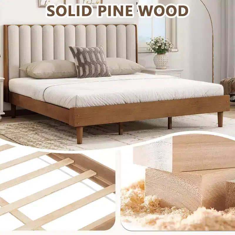 King Size Wooden Platform Bed Frame with Piano Key Style Upholstered Headboard, Strengthened Frame, No Box Spring Needed, Wheat
