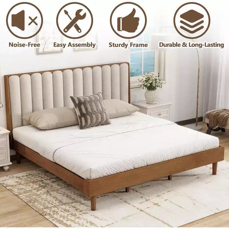 King Size Wooden Platform Bed Frame with Piano Key Style Upholstered Headboard, Strengthened Frame, No Box Spring Needed, Wheat