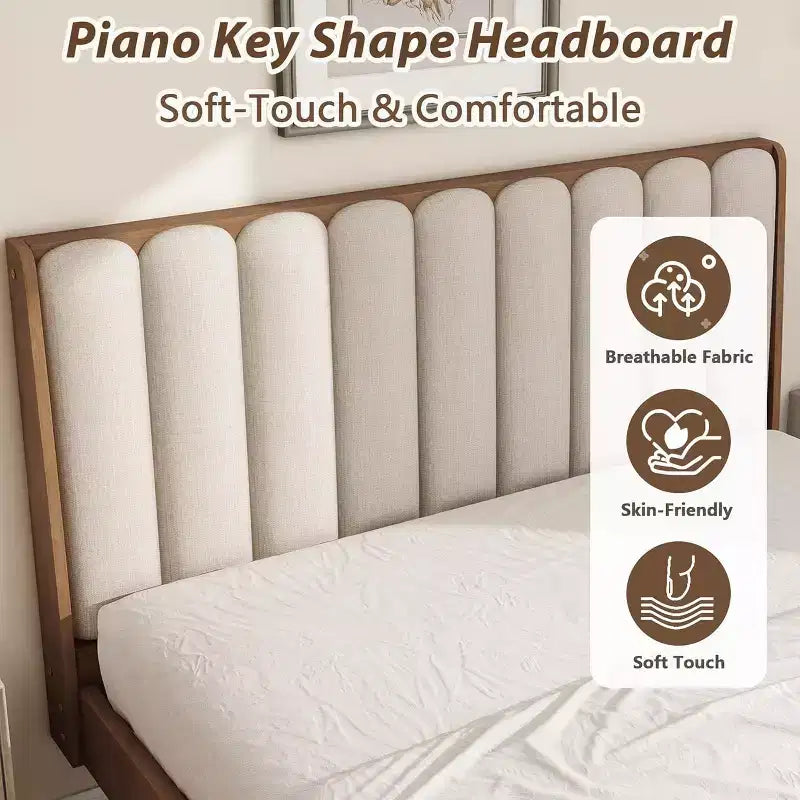 Struttura letto matrimoniale king size in legno con testiera imbottita stile tasti di pianoforte, struttura rinforzata, non serve la rete a molle, color grano