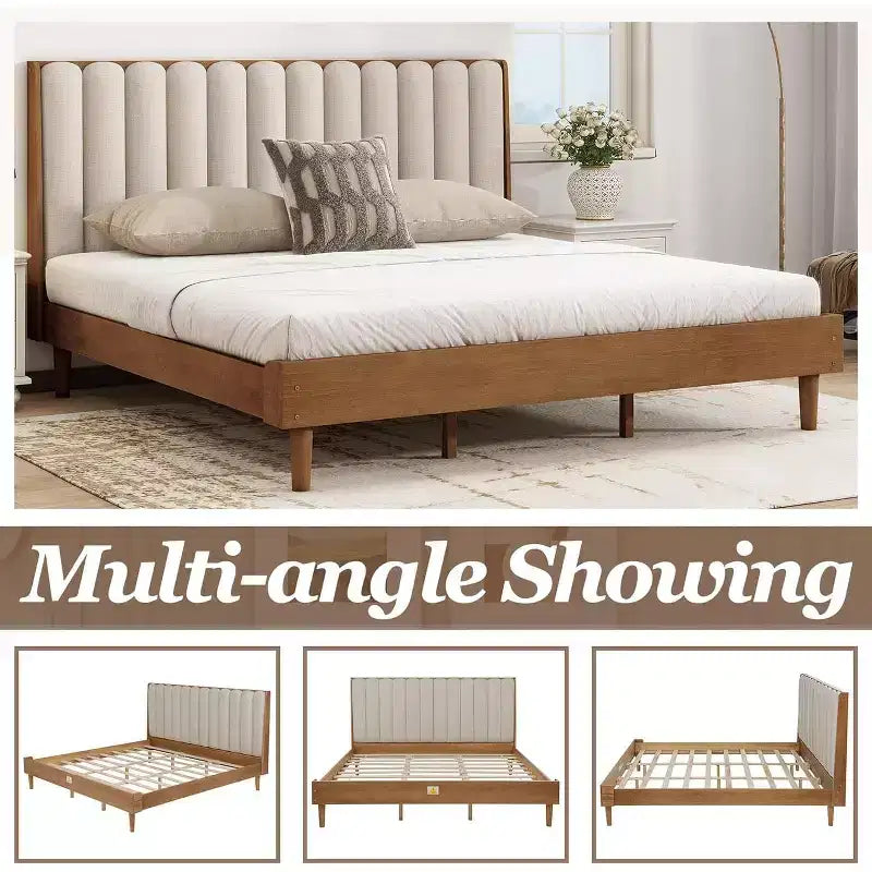 Struttura letto matrimoniale king size in legno con testiera imbottita stile tasti di pianoforte, struttura rinforzata, non serve la rete a molle, color grano