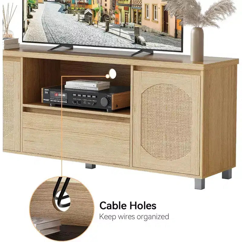 Rattanowa szafka pod telewizor w stylu boho (pasuje do telewizorów 70) z regulowaną półką i szufladą, dębowa konsola pod sprzęt RTV do salonu i sypialni