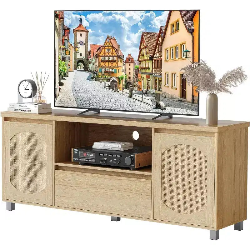 Rattanowa szafka pod telewizor w stylu boho (pasuje do telewizorów 70) z regulowaną półką i szufladą, dębowa konsola pod sprzęt RTV do salonu i sypialni