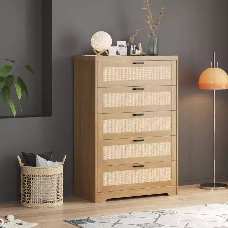 31.5'' Tall Rattan Dresser with 5 Drawers, Wooden Storage Chest with Wide Top for Bedroom & Entryway