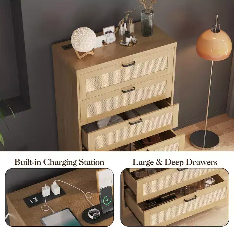 Cassettiera alta 31.5' in rattan con 5 cassetti, cassettone in legno con piano ampio per camera da letto e ingresso