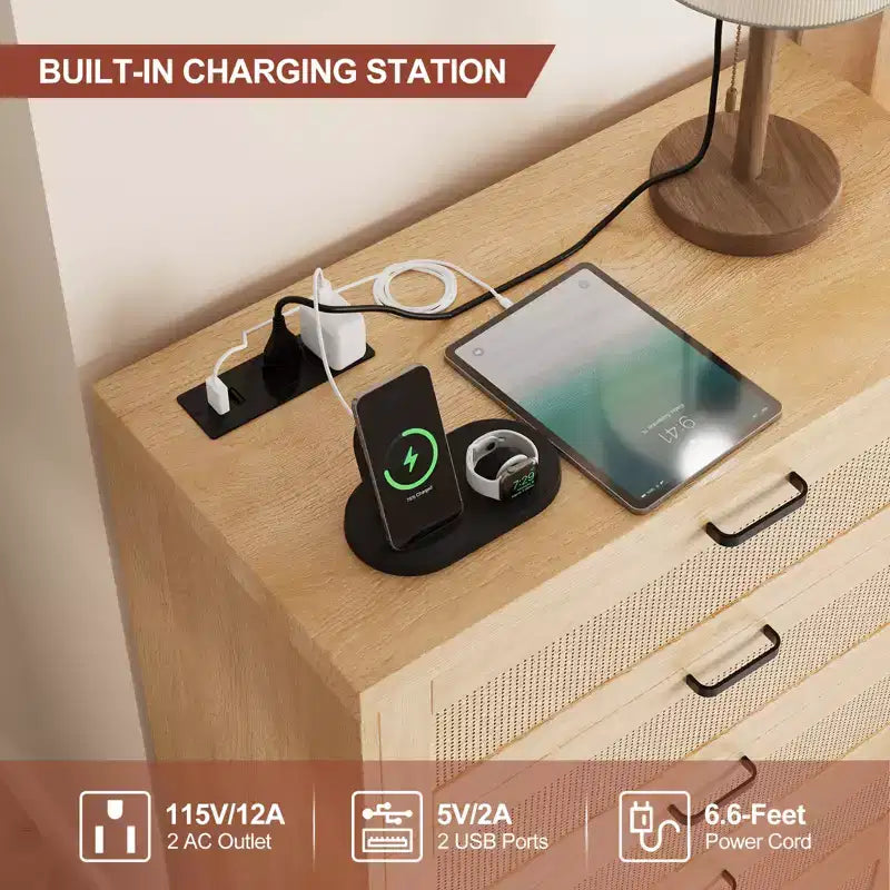 Cassettiera alta 31.5' in rattan con 5 cassetti, cassettone in legno con piano ampio per camera da letto e ingresso