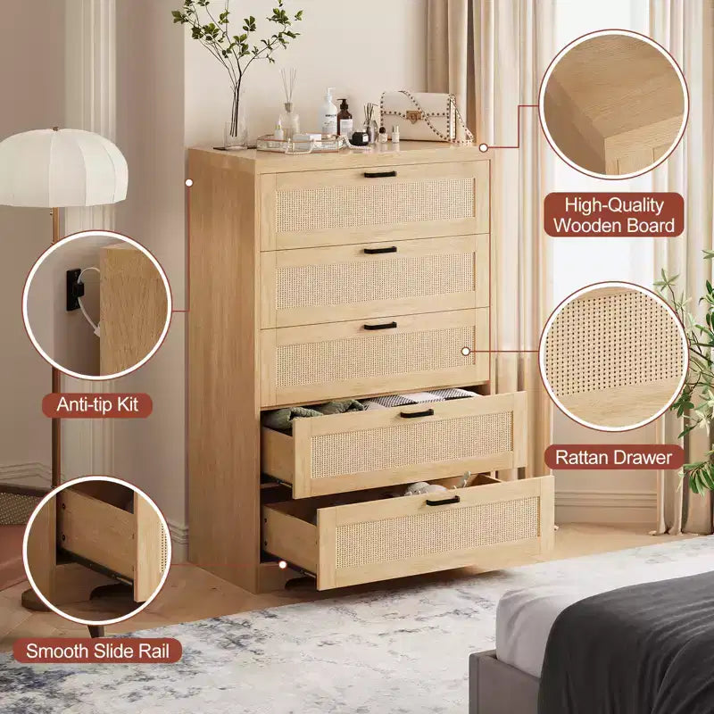 31.5'' Tall Rattan Dresser with 5 Drawers, Wooden Storage Chest with Wide Top for Bedroom & Entryway