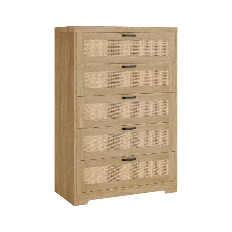 Cassettiera alta 31.5' in rattan con 5 cassetti, cassettone in legno con piano ampio per camera da letto e ingresso