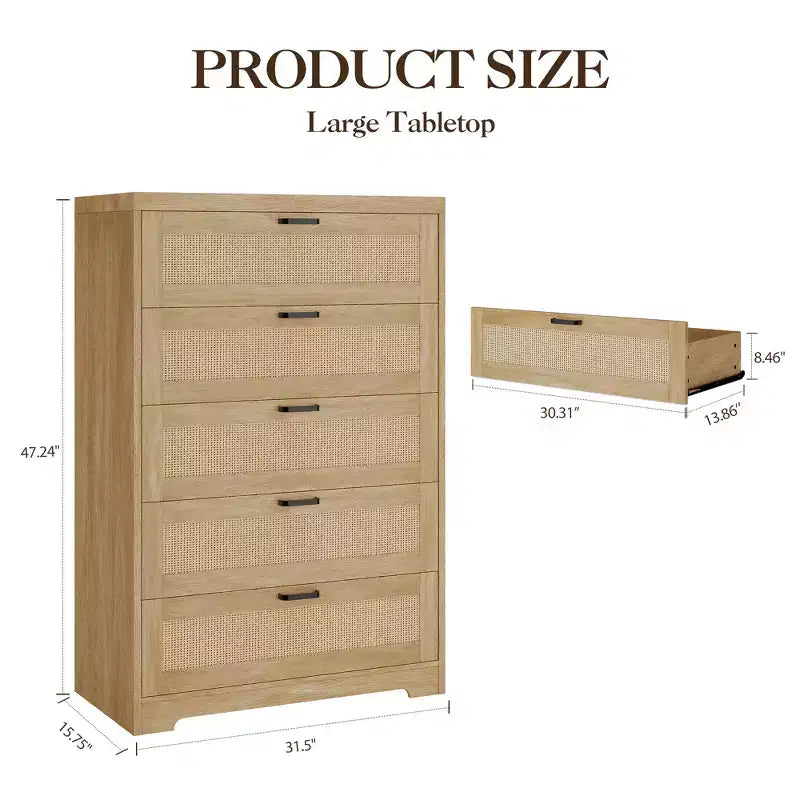 Cassettiera alta 31.5' in rattan con 5 cassetti, cassettone in legno con piano ampio per camera da letto e ingresso
