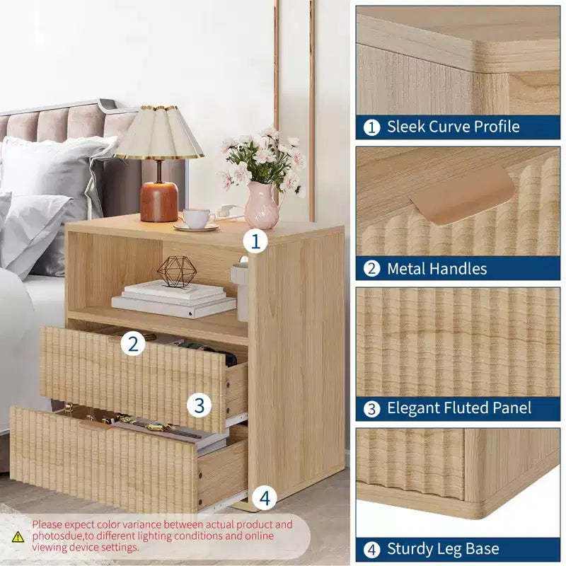 Set di 2 comodini scanalati con stazione di ricarica, comodino moderno Mid-Century, tavolino con 2 cassetti e contenitore