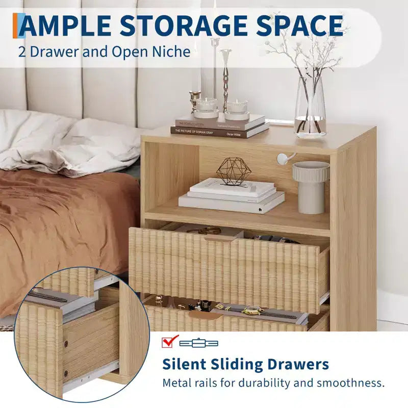 Set di 2 comodini scanalati con stazione di ricarica, comodino moderno Mid-Century, tavolino con 2 cassetti e contenitore