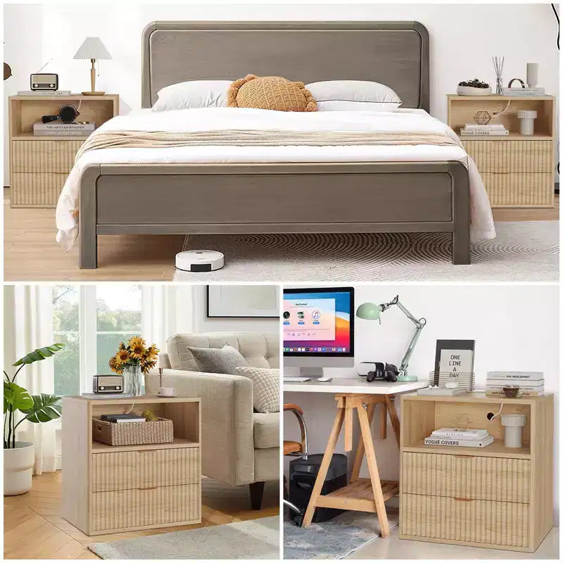 Set di 2 comodini scanalati con stazione di ricarica, comodino moderno Mid-Century, tavolino con 2 cassetti e contenitore