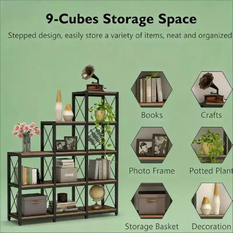 Corner Ladder Bookshelf 9 Cube L Shaped Etagere Metal Wood Display Shelf for Living Room Office, Black, 45.31*11.82*52.01