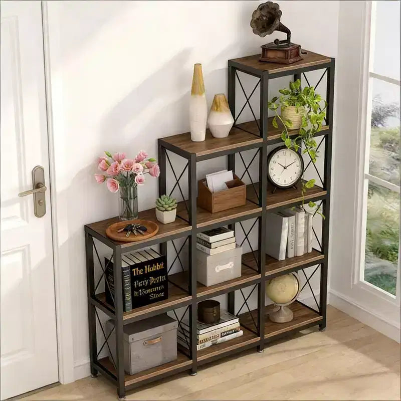 Corner Ladder Bookshelf 9 Cube L Shaped Etagere Metal Wood Display Shelf for Living Room Office, Black, 45.31*11.82*52.01