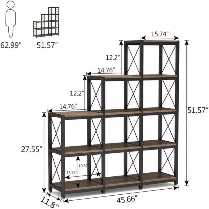 Corner Ladder Bookshelf 9 Cube L Shaped Etagere Metal Wood Display Shelf for Living Room Office, Black, 45.31*11.82*52.01