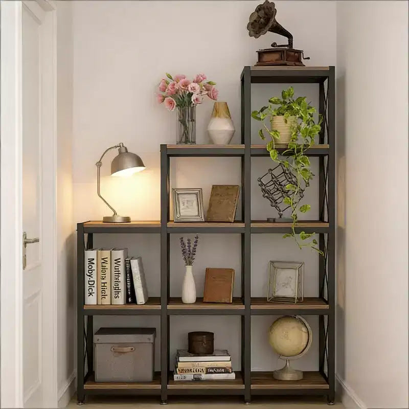 Corner Ladder Bookshelf 9 Cube L Shaped Etagere Metal Wood Display Shelf for Living Room Office, Black, 45.31*11.82*52.01