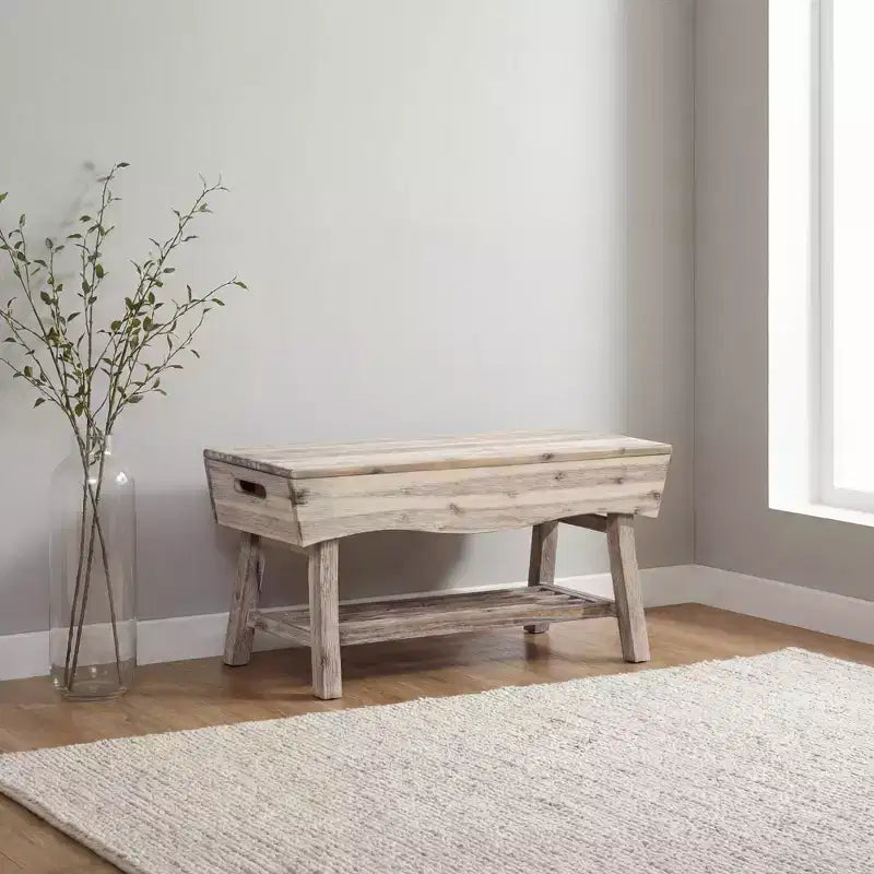 Panca in legno massello con ripiano contenitore e 4 pannelli, 36x15.25x17.3 pollici, finitura bianco decapato
