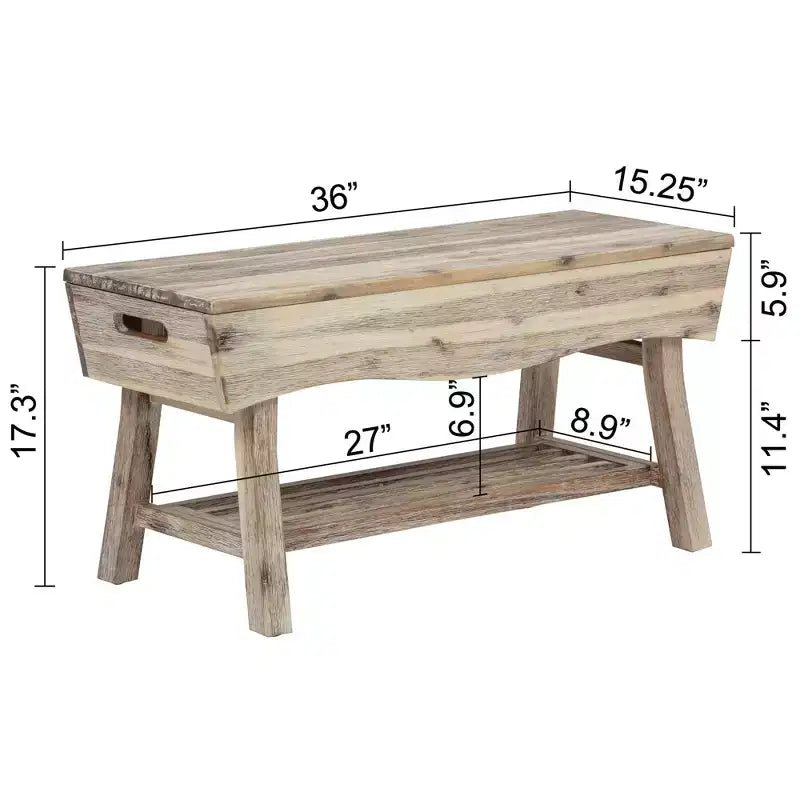 Panca in legno massello con ripiano contenitore e 4 pannelli, 36x15.25x17.3 pollici, finitura bianco decapato