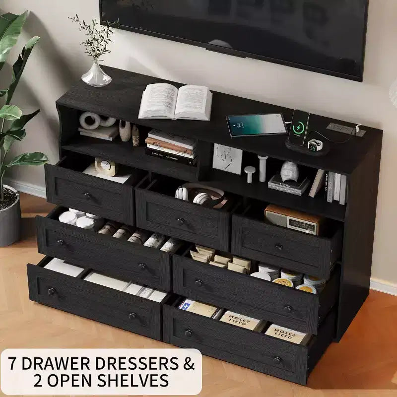 Cassettiera in legno a 7 cassetti - cassettiera moderna con stazione di ricarica USB e luci LED, 2 vani a giorno - ampia cassettiera per camera da letto, organizer contenitore