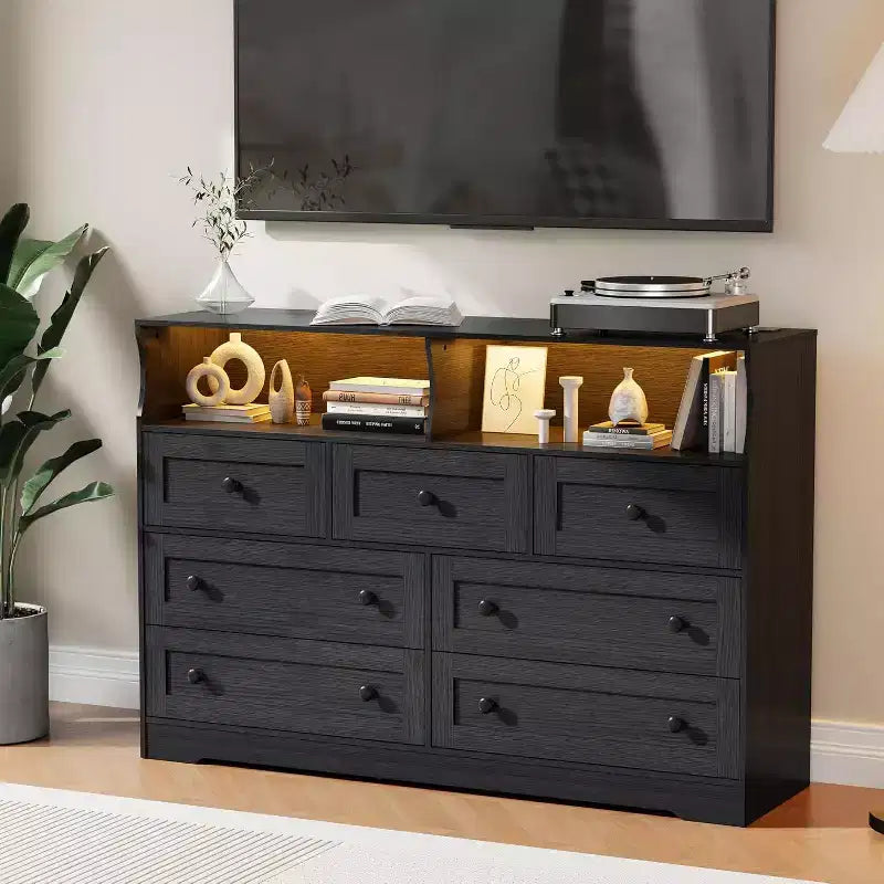 Cassettiera in legno a 7 cassetti - cassettiera moderna con stazione di ricarica USB e luci LED, 2 vani a giorno - ampia cassettiera per camera da letto, organizer contenitore