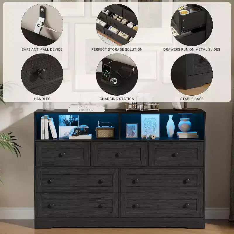 Cassettiera in legno a 7 cassetti - cassettiera moderna con stazione di ricarica USB e luci LED, 2 vani a giorno - ampia cassettiera per camera da letto, organizer contenitore