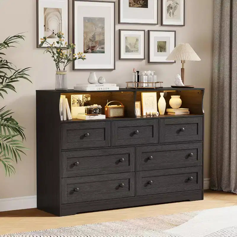 Cassettiera in legno a 7 cassetti - cassettiera moderna con stazione di ricarica USB e luci LED, 2 vani a giorno - ampia cassettiera per camera da letto, organizer contenitore