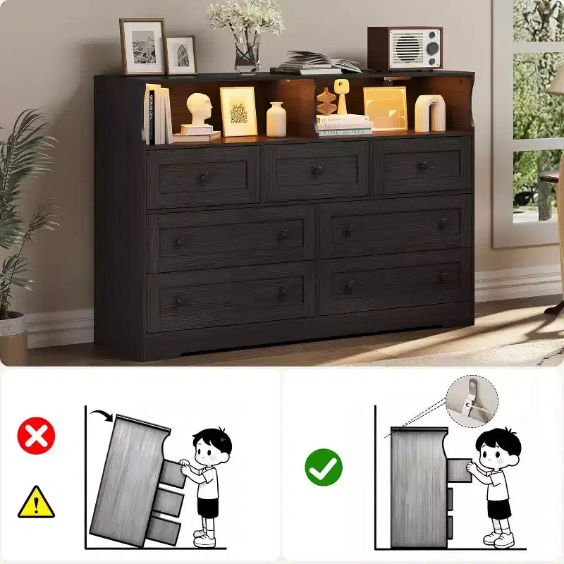 Cassettiera in legno a 7 cassetti - cassettiera moderna con stazione di ricarica USB e luci LED, 2 vani a giorno - ampia cassettiera per camera da letto, organizer contenitore