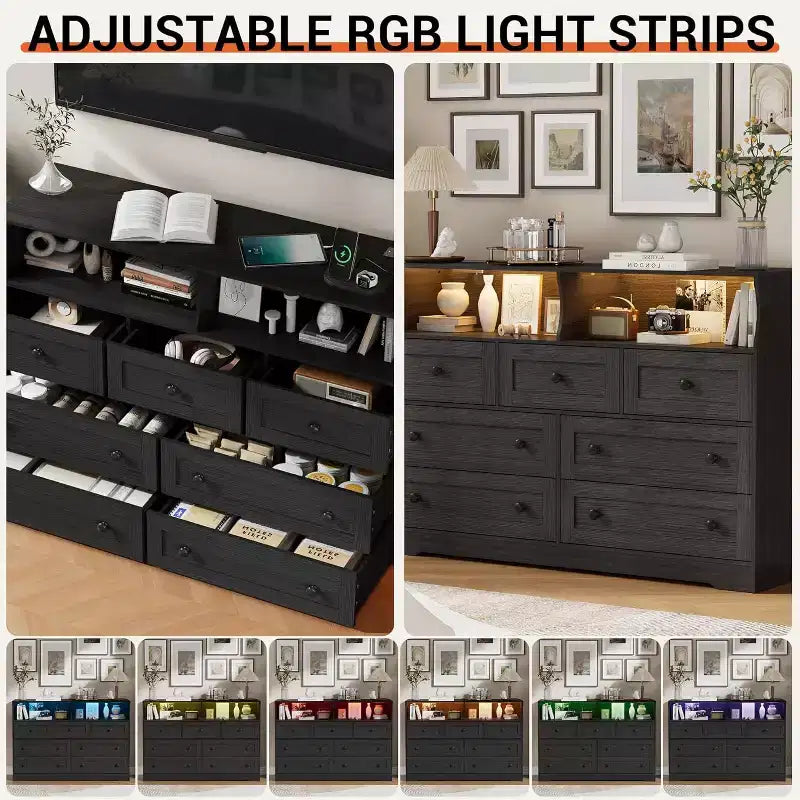 Cassettiera in legno a 7 cassetti - cassettiera moderna con stazione di ricarica USB e luci LED, 2 vani a giorno - ampia cassettiera per camera da letto, organizer contenitore