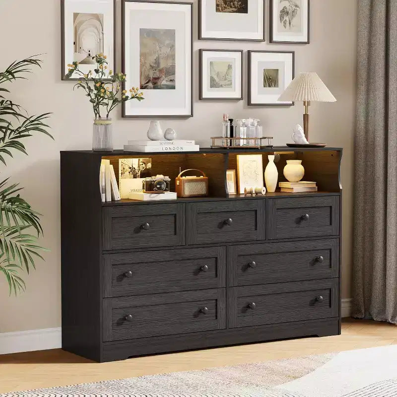 Cassettiera in legno a 7 cassetti - cassettiera moderna con stazione di ricarica USB e luci LED, 2 vani a giorno - ampia cassettiera per camera da letto, organizer contenitore
