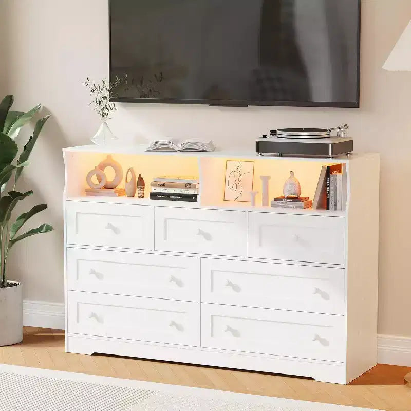 Cassettiera in legno a 7 cassetti - cassettiera moderna con stazione di ricarica USB e luci LED, 2 vani a giorno - ampia cassettiera per camera da letto, organizer contenitore