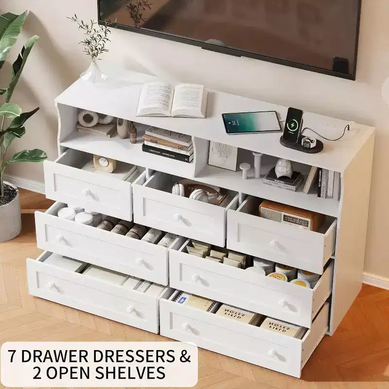Cassettiera in legno a 7 cassetti - cassettiera moderna con stazione di ricarica USB e luci LED, 2 vani a giorno - ampia cassettiera per camera da letto, organizer contenitore