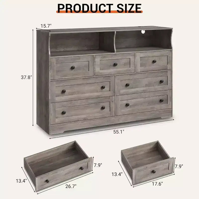 Cassettiera in legno a 7 cassetti - cassettiera moderna con stazione di ricarica USB e luci LED, 2 vani a giorno - ampia cassettiera per camera da letto, organizer contenitore
