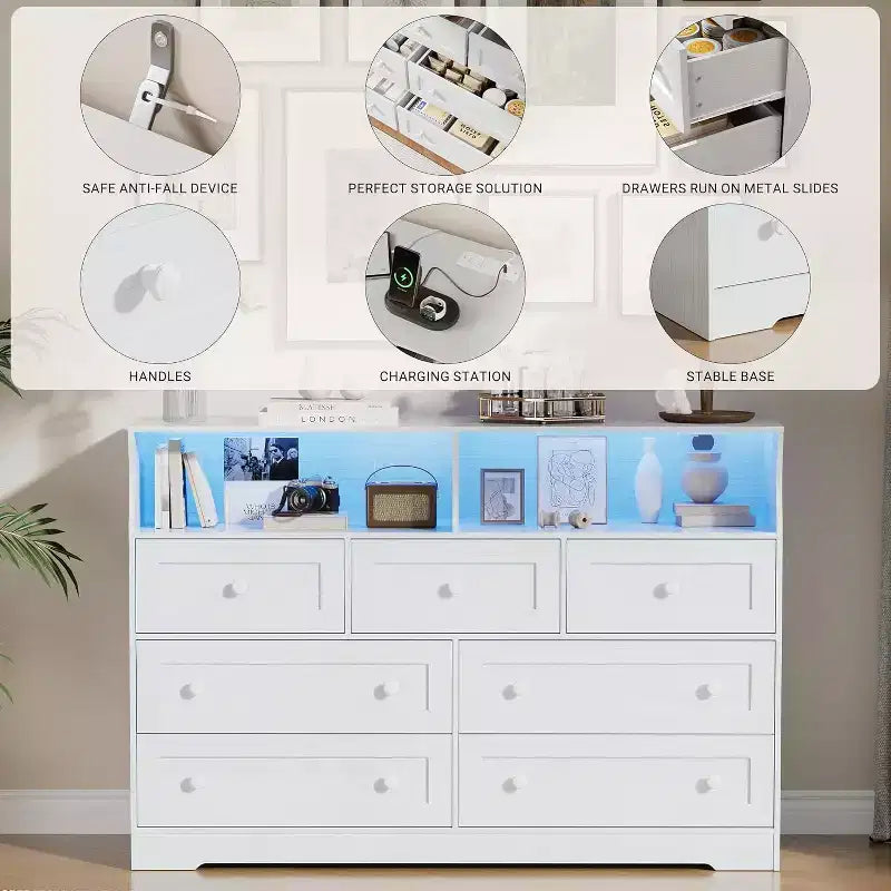 Cassettiera in legno a 7 cassetti - cassettiera moderna con stazione di ricarica USB e luci LED, 2 vani a giorno - ampia cassettiera per camera da letto, organizer contenitore