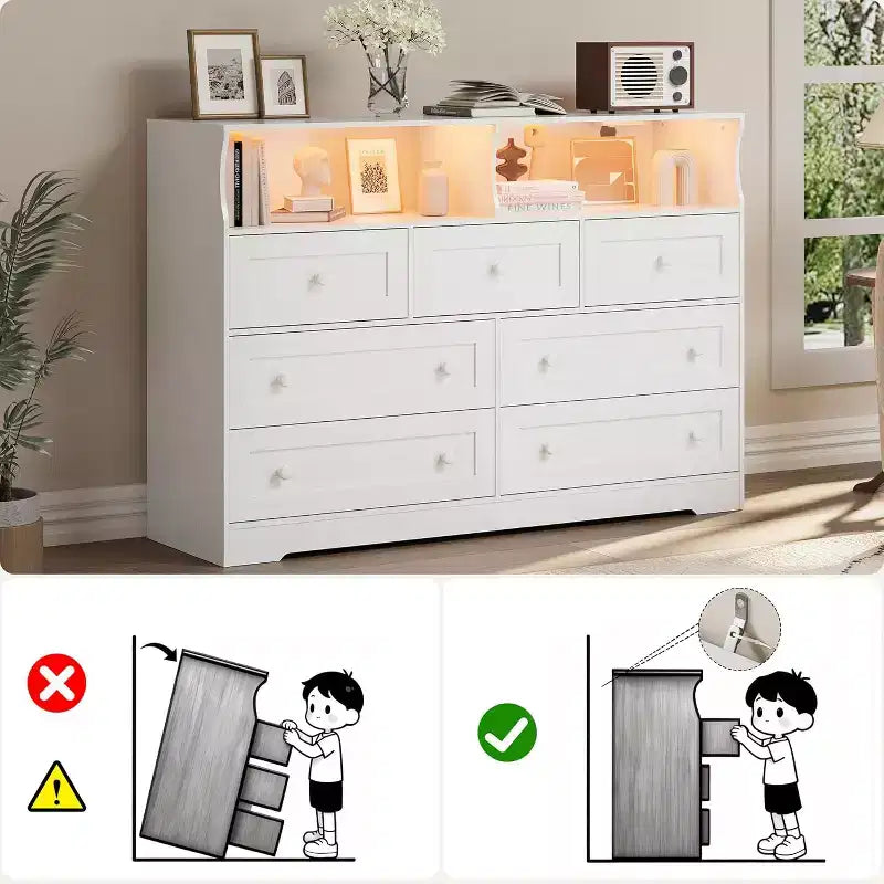 Cassettiera in legno a 7 cassetti - cassettiera moderna con stazione di ricarica USB e luci LED, 2 vani a giorno - ampia cassettiera per camera da letto, organizer contenitore