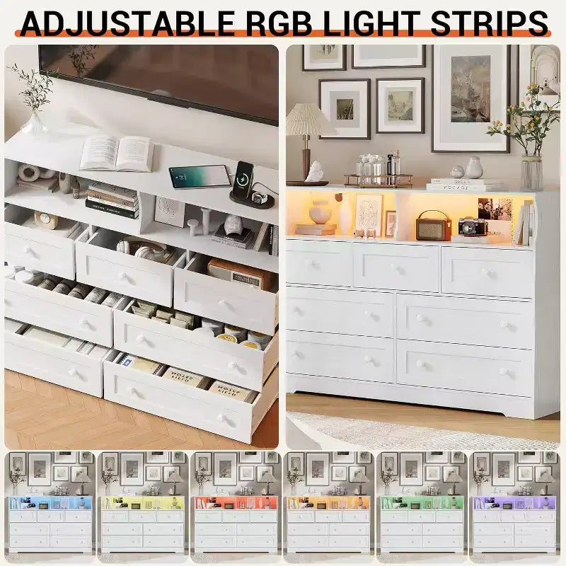 Cassettiera in legno a 7 cassetti - cassettiera moderna con stazione di ricarica USB e luci LED, 2 vani a giorno - ampia cassettiera per camera da letto, organizer contenitore