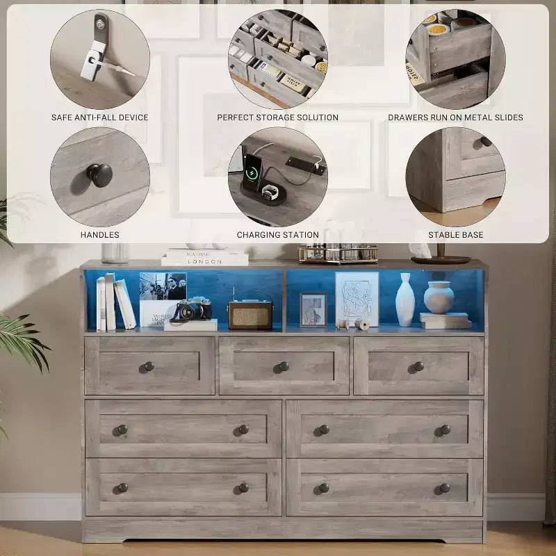 Cassettiera in legno a 7 cassetti - cassettiera moderna con stazione di ricarica USB e luci LED, 2 vani a giorno - ampia cassettiera per camera da letto, organizer contenitore